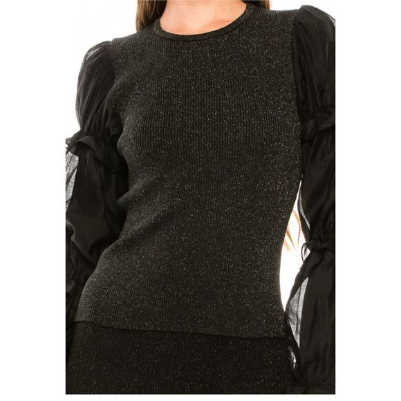 YAL New York BLACK LUREX SWEATER WITH TWO-LAYERED POET SLEEVES - Picture 1 of 5